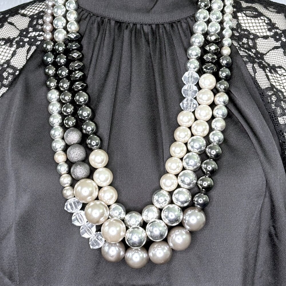 Vintage Layered Gray, Black & Silver Large Faux Pearl Necklace
